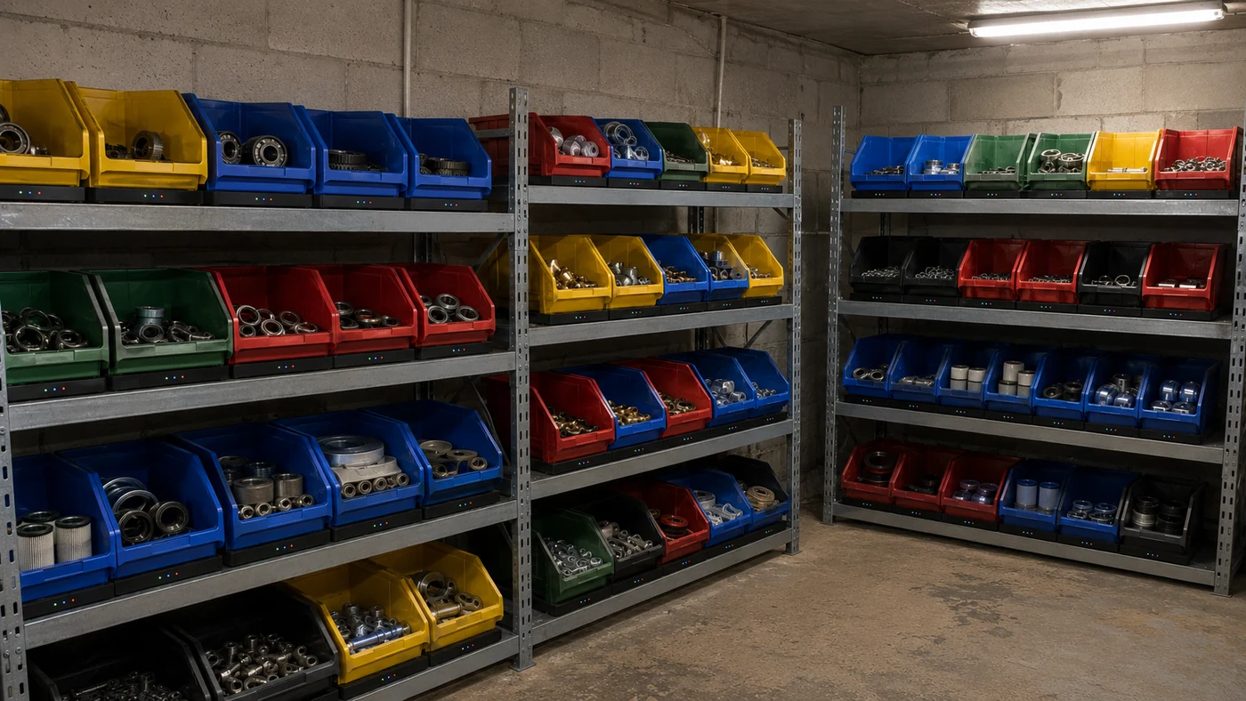 Remote industrial storeroom with coloured bins on scales across multiple steel shelving units