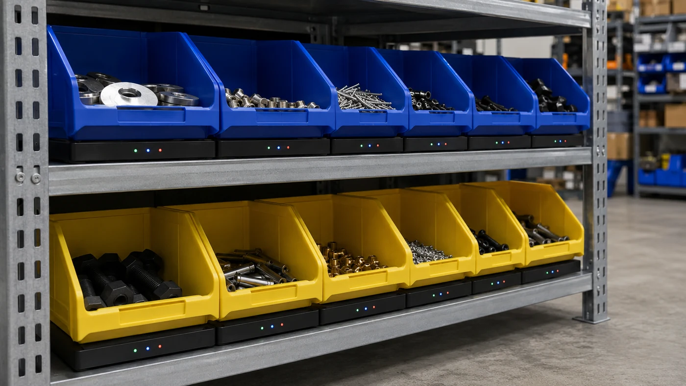Blue and yellow bins filled with components on scales in a workshop environment