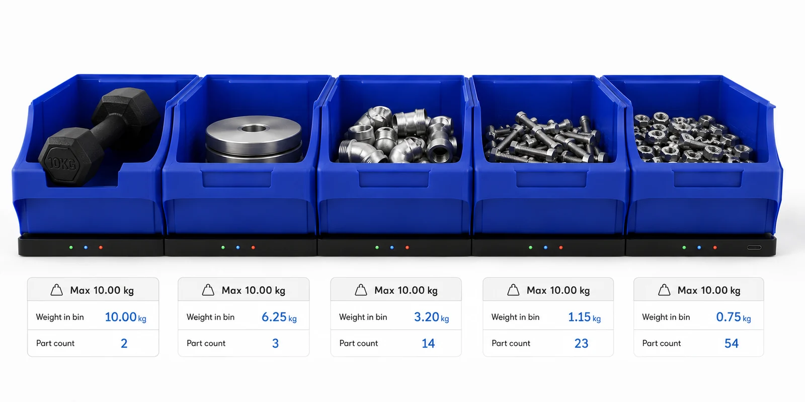 Five bins on scales, each showing weight and part count on screen