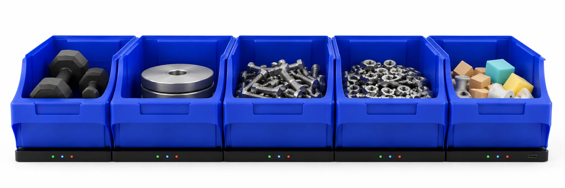 Five blue bins filled with sorted parts, each on its own scale showing data on screen
