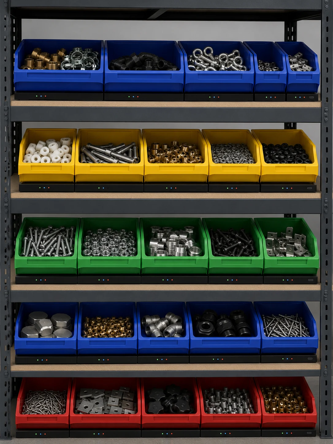 A full storage rack of coloured bins across five shelves, each bin sitting on a scale with lit LED indicators
